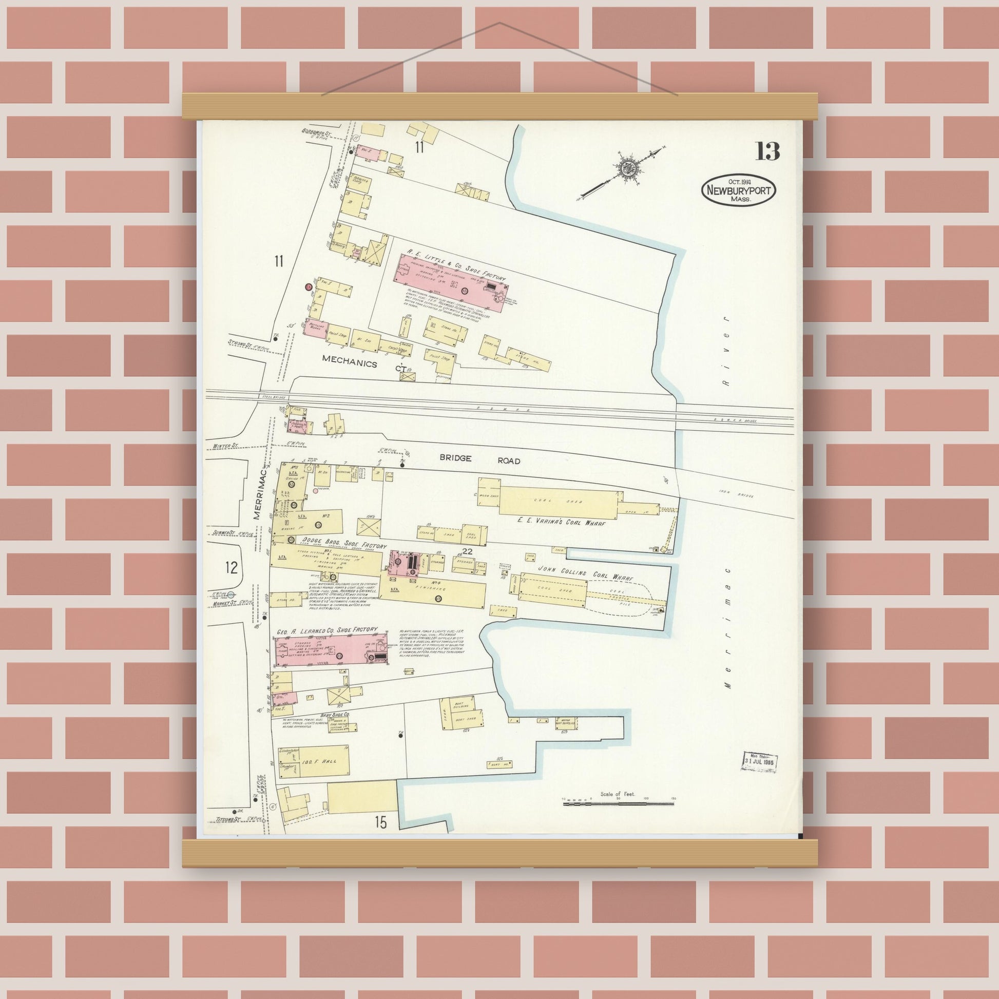 Old map wall art mockup — magnetic wood frame on brick wall — Sanborn Fire Insurance Map from Newburyport, Essex County, Massachusetts (1914), Sheet #0013