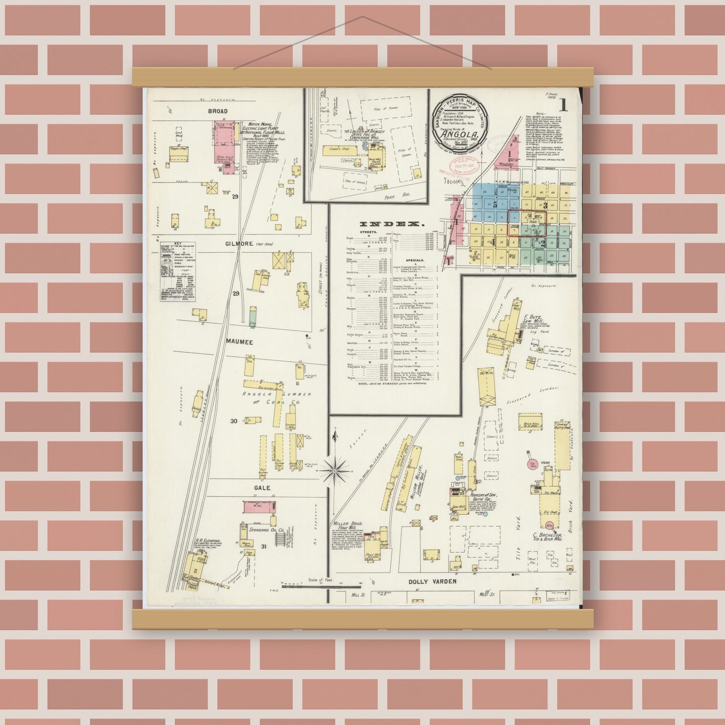 Old map wall art mockup — magnetic wood frame on brick wall — Sanborn Fire Insurance Map from Angola, Steuben County, Indiana (1897), Sheet #0001