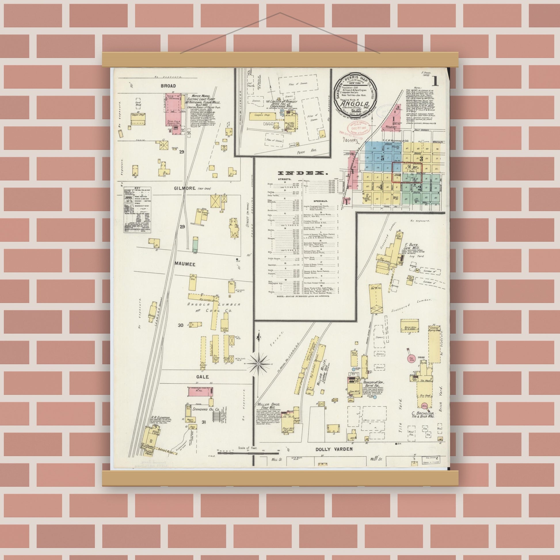 Old map wall art mockup — magnetic wood frame on brick wall — Sanborn Fire Insurance Map from Angola, Steuben County, Indiana (1897), Sheet #0001