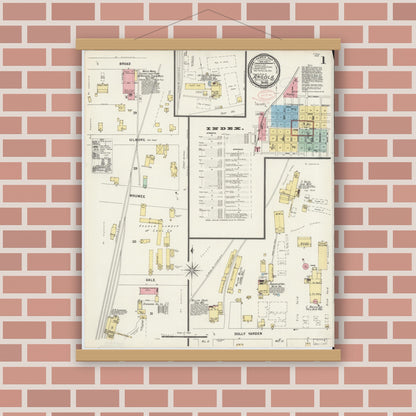 Old map wall art mockup — magnetic wood frame on brick wall — Sanborn Fire Insurance Map from Angola, Steuben County, Indiana (1897), Sheet #0001
