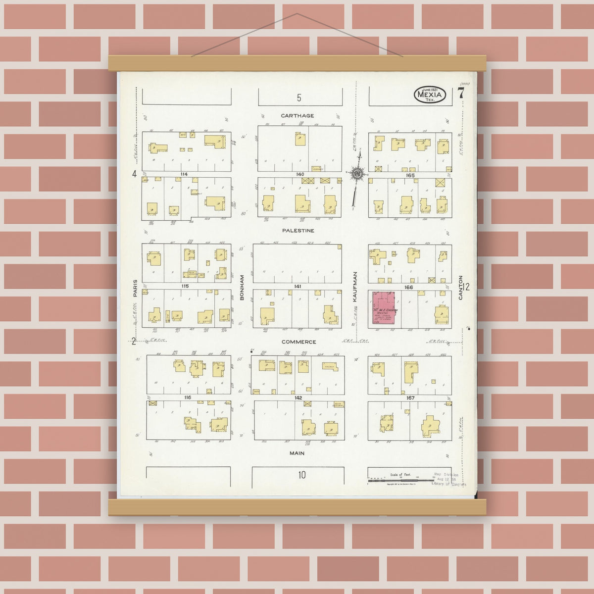 Old map wall art mockup — magnetic wood frame on brick wall — Sanborn Fire Insurance Map from Mexia, Limestone County, Texas (1921), Sheet #0007