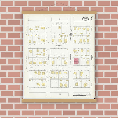 Old map wall art mockup — magnetic wood frame on brick wall — Sanborn Fire Insurance Map from Mexia, Limestone County, Texas (1921), Sheet #0007