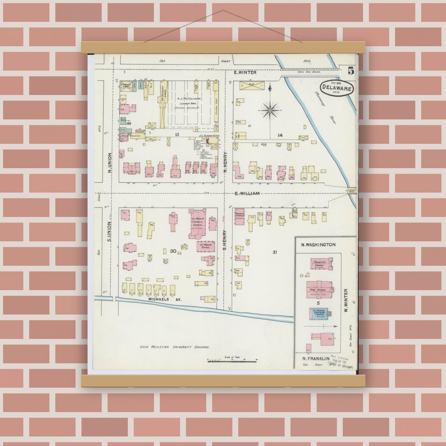 Old map wall art mockup — magnetic wood frame on brick wall — Sanborn Fire Insurance Map from Delaware, Delaware County, Ohio (1890), Sheet #0005