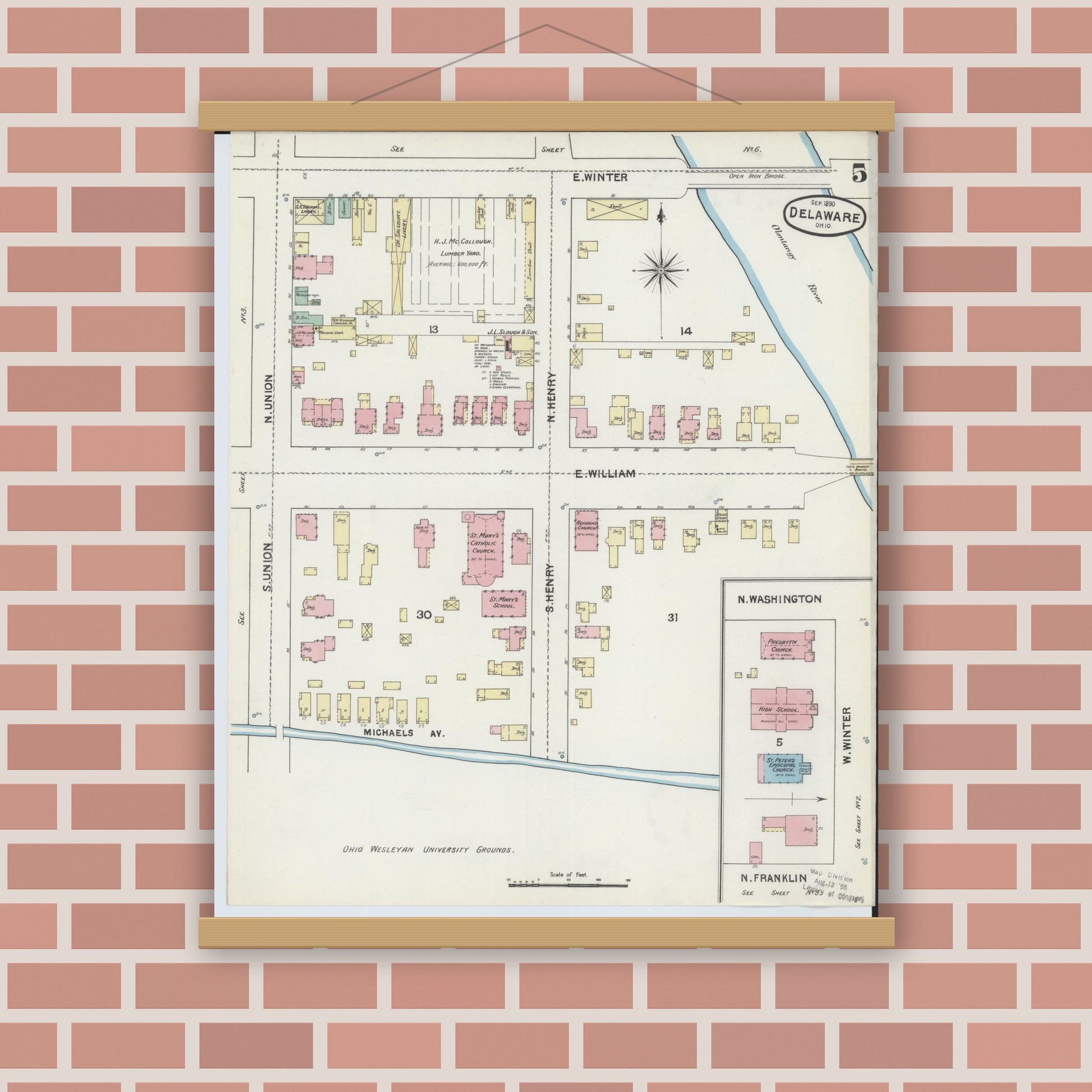 Old map wall art mockup — magnetic wood frame on brick wall — Sanborn Fire Insurance Map from Delaware, Delaware County, Ohio (1890), Sheet #0005