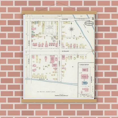 Old map wall art mockup — magnetic wood frame on brick wall — Sanborn Fire Insurance Map from Delaware, Delaware County, Ohio (1890), Sheet #0005