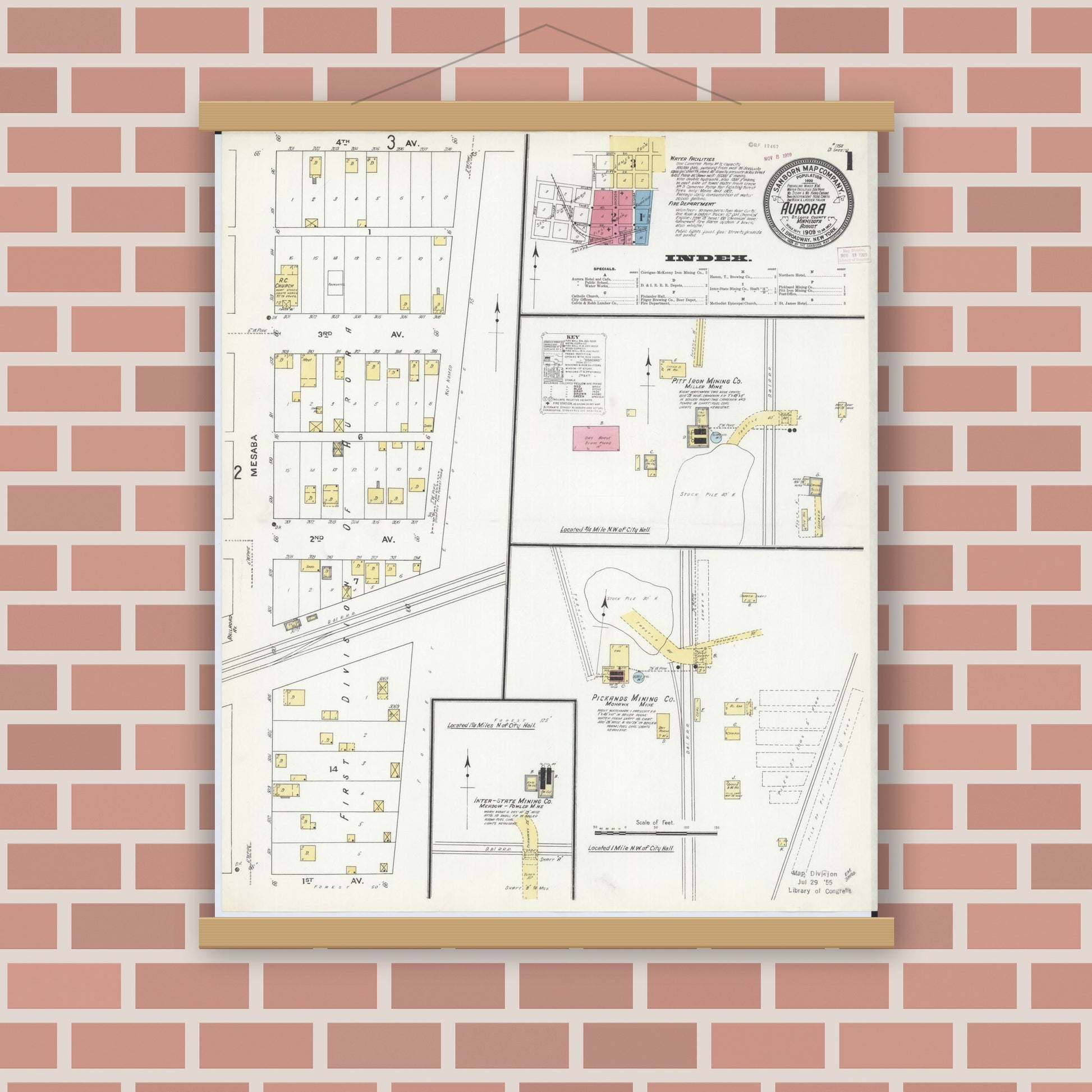 Old map wall art mockup — magnetic wood frame on brick wall — Sanborn Fire Insurance Map from Aurora, Saint Louis County, Minnesota (1909), Sheet #0001