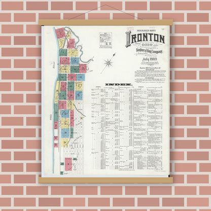 Old map wall art mockup — magnetic wood frame on brick wall — Sanborn Fire Insurance Map from Ironton, Lawrence County, Ohio (1909), Sheet #0001