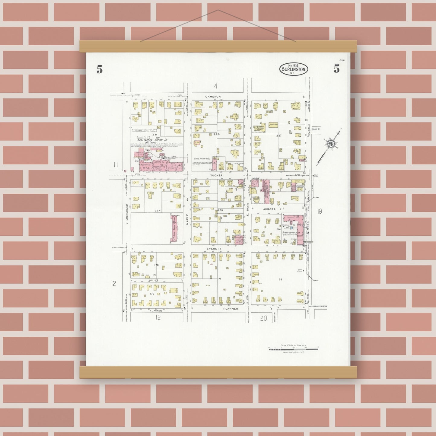 Old map wall art mockup — magnetic wood frame on brick wall — Sanborn Fire Insurance Map from Burlington, Alamance County, North Carolina (1929), Sheet #0005