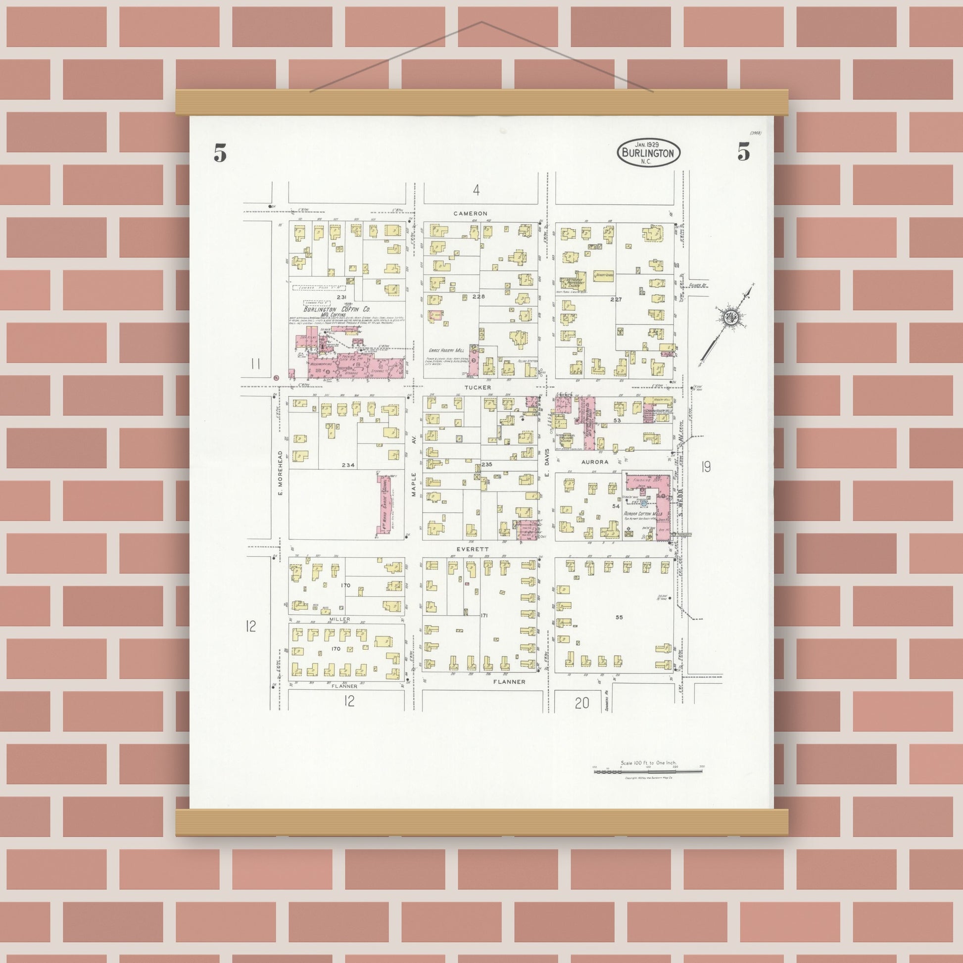 Old map wall art mockup — magnetic wood frame on brick wall — Sanborn Fire Insurance Map from Burlington, Alamance County, North Carolina (1929), Sheet #0005