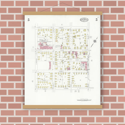 Old map wall art mockup — magnetic wood frame on brick wall — Sanborn Fire Insurance Map from Burlington, Alamance County, North Carolina (1929), Sheet #0005