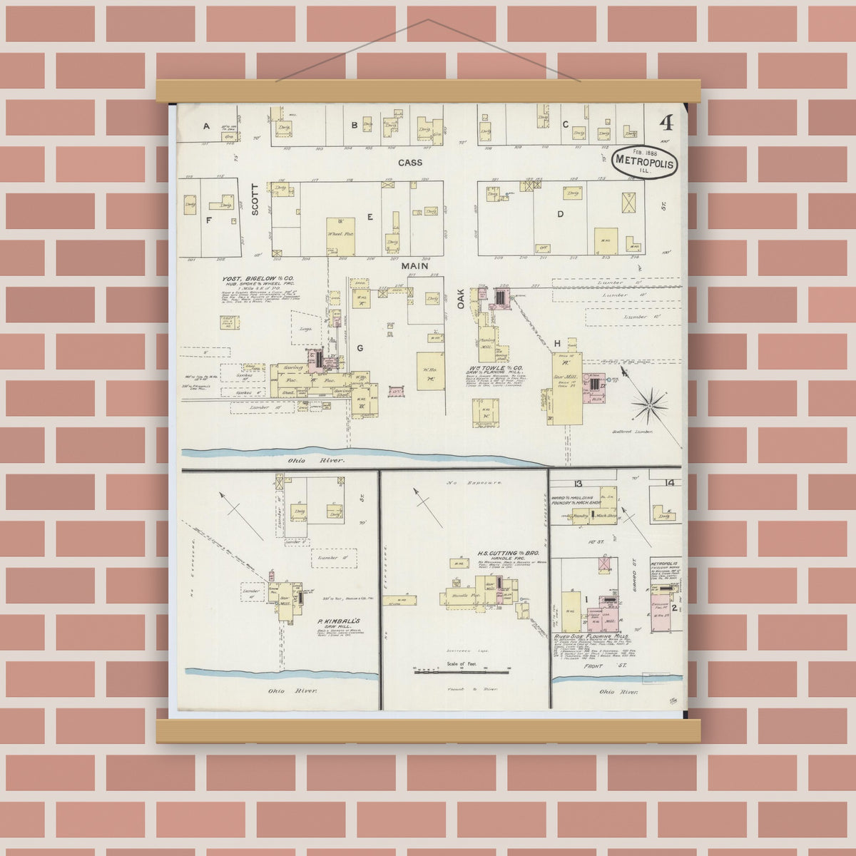 Old map wall art mockup — magnetic wood frame on brick wall — Sanborn Fire Insurance Map from Metropolis, Massac County, Illinois (1888), Sheet #0004