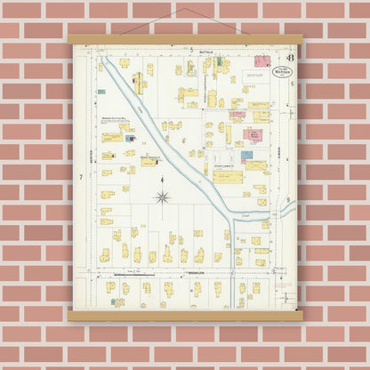 Old map wall art mockup — magnetic wood frame on brick wall — Sanborn Fire Insurance Map from Warsaw, Wyoming County, New York (1903), Sheet #0008