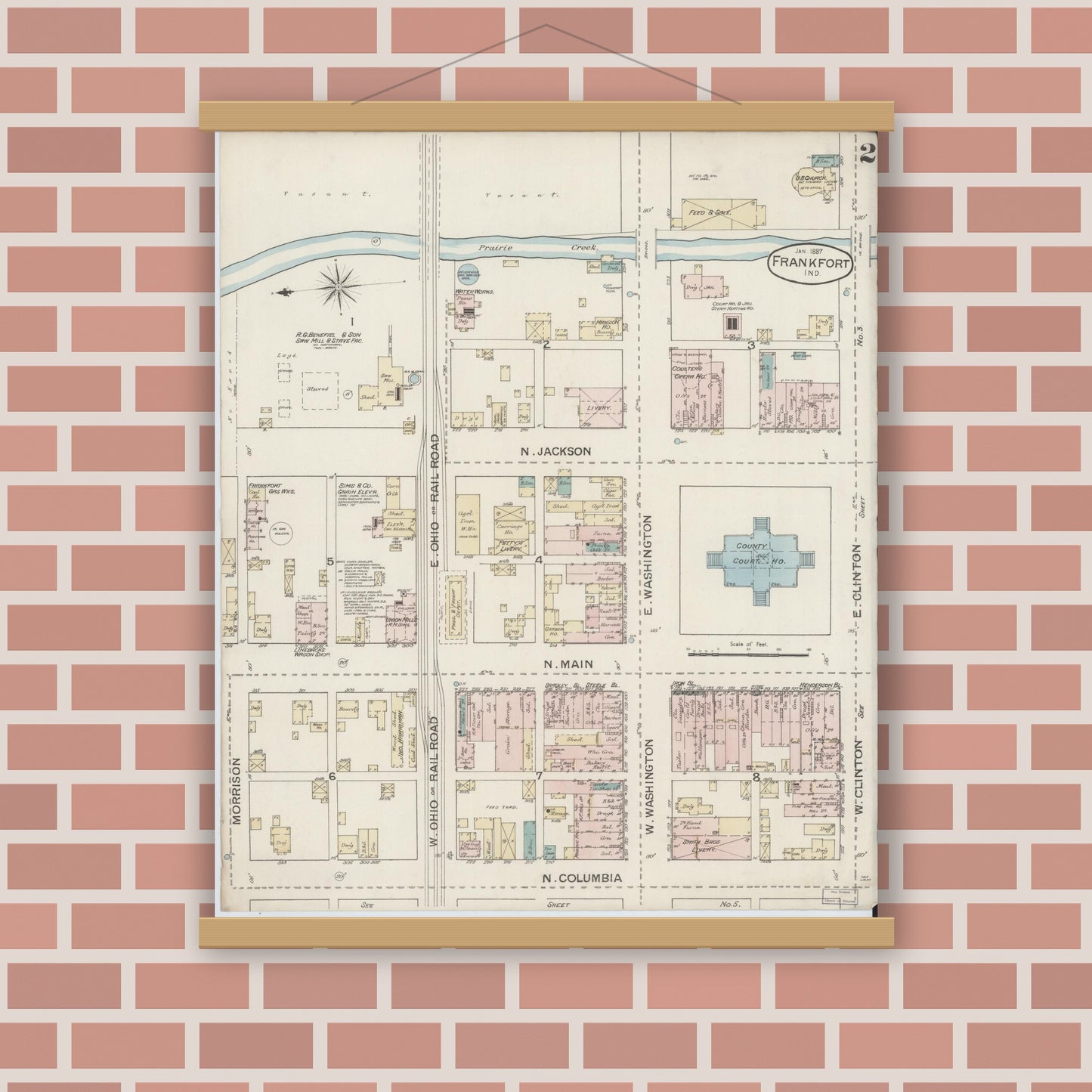 Old map wall art mockup — magnetic wood frame on brick wall — Sanborn Fire Insurance Map from Frankfort, Clinton County, Indiana (1887), Sheet #0002