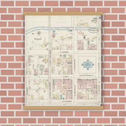 Old map wall art mockup — magnetic wood frame on brick wall — Sanborn Fire Insurance Map from Frankfort, Clinton County, Indiana (1887), Sheet #0002