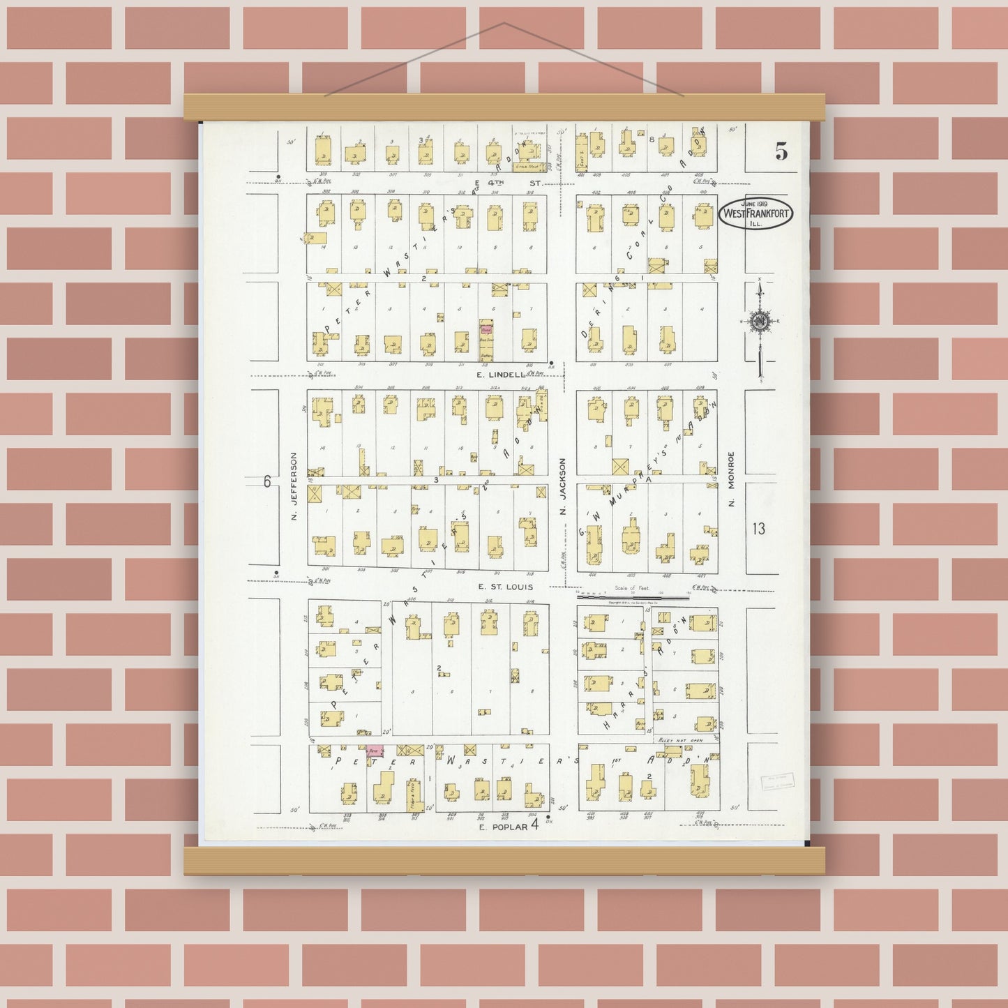 Old map wall art mockup — magnetic wood frame on brick wall — Sanborn Fire Insurance Map from West Frankfort, Franklin County, Illinois (1919), Sheet #0005