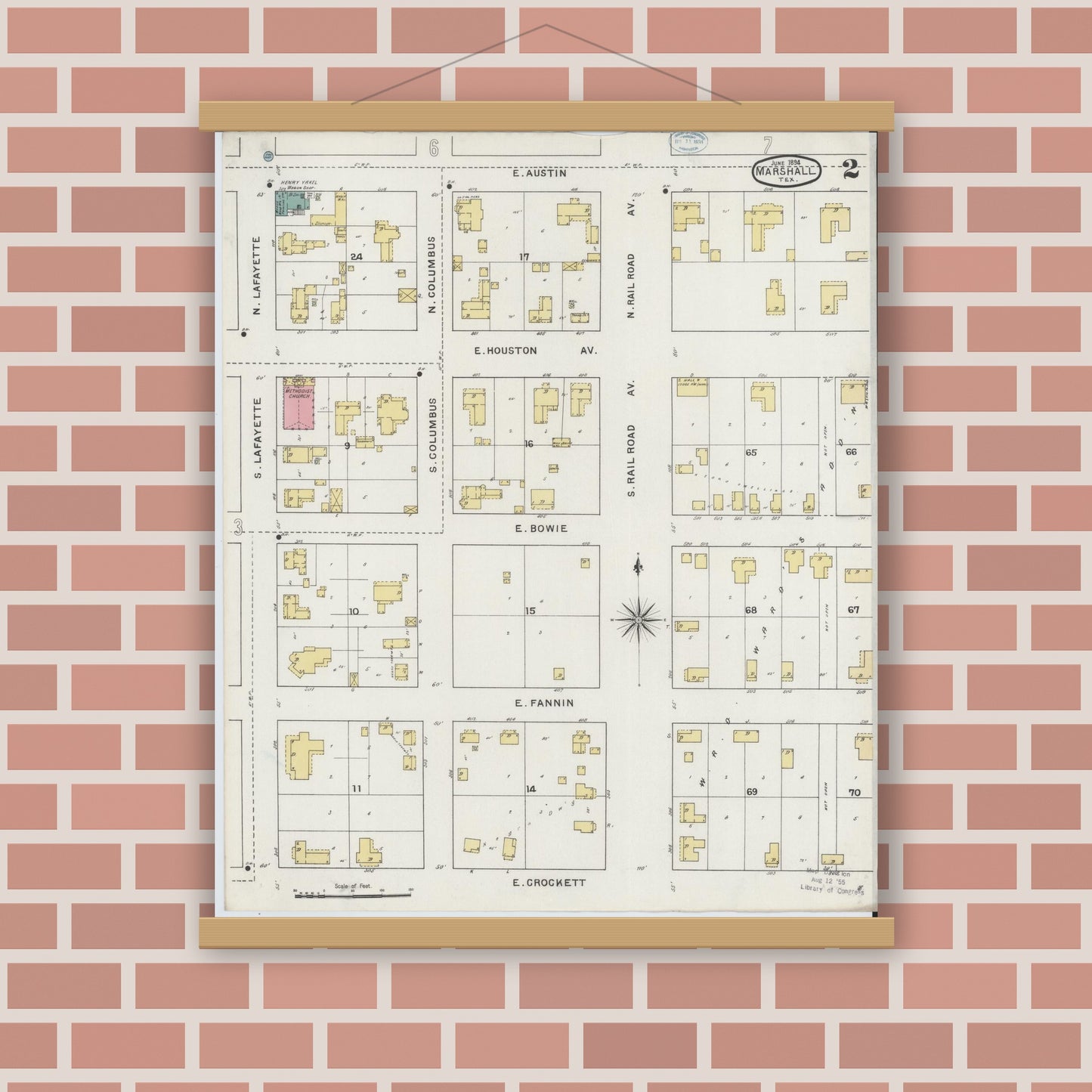 Old map wall art mockup — magnetic wood frame on brick wall — Sanborn Fire Insurance Map from Marshall, Harrison County, Texas (1894), Sheet #0002