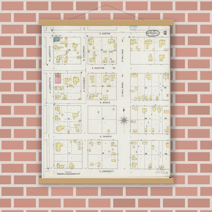 Old map wall art mockup — magnetic wood frame on brick wall — Sanborn Fire Insurance Map from Marshall, Harrison County, Texas (1894), Sheet #0002