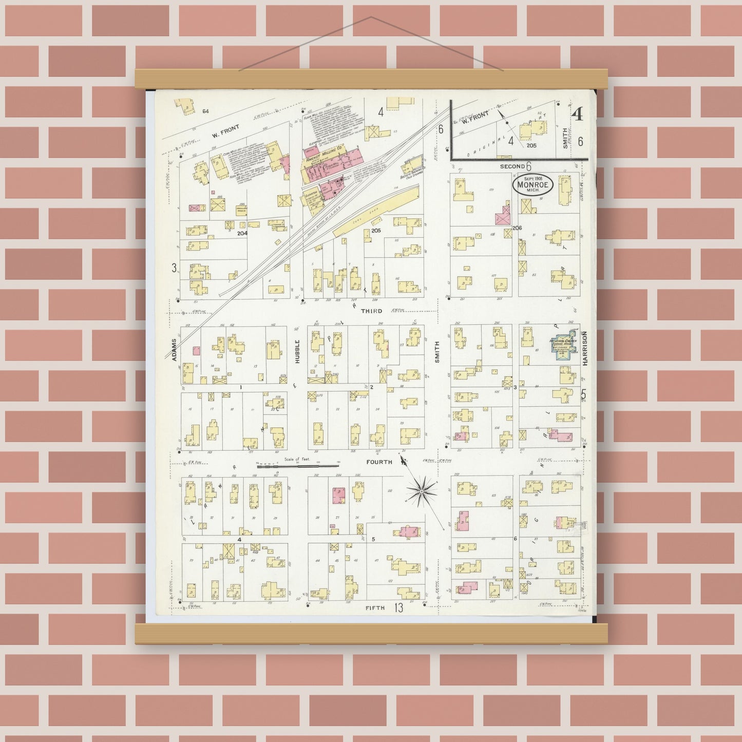 Old map wall art mockup — magnetic wood frame on brick wall — Sanborn Fire Insurance Map from Monroe, Monroe County, Michigan (1908), Sheet #0004