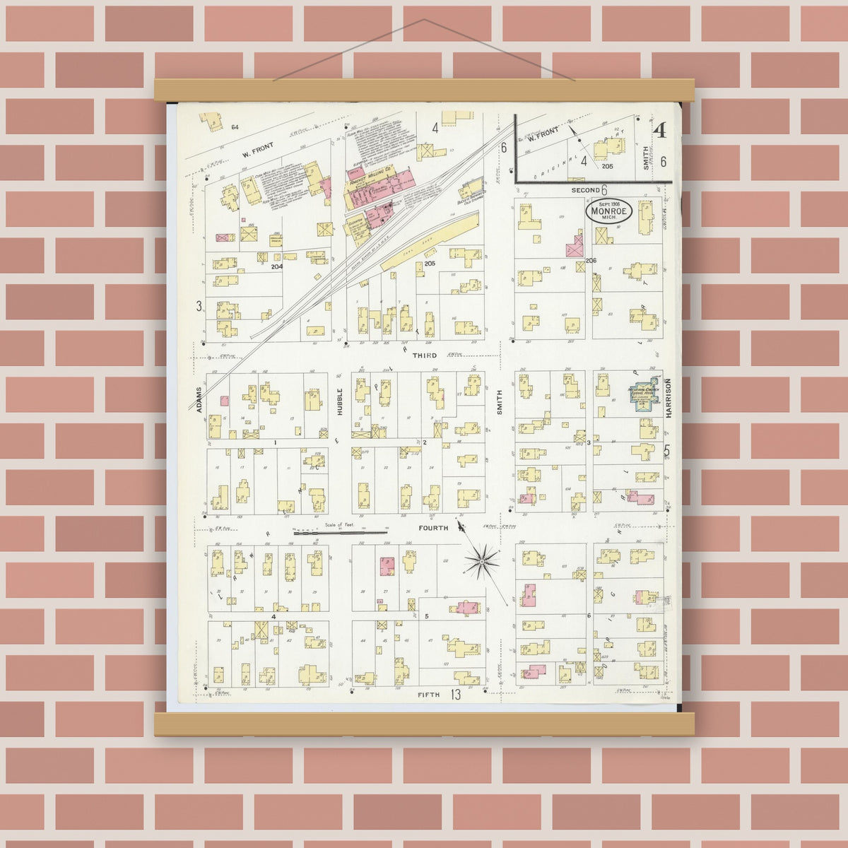Old map wall art mockup — magnetic wood frame on brick wall — Sanborn Fire Insurance Map from Monroe, Monroe County, Michigan (1908), Sheet #0004
