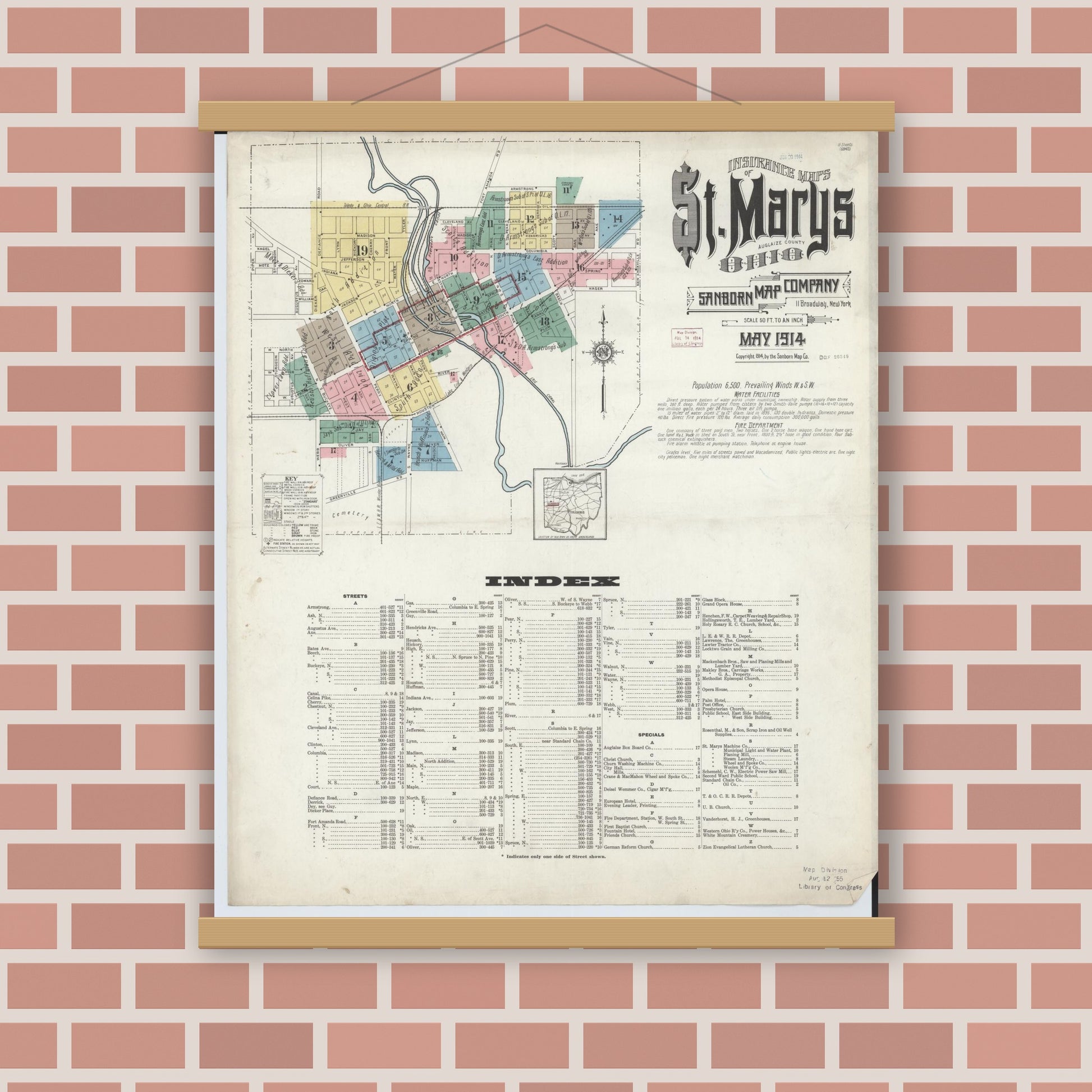 Old map wall art mockup — magnetic wood frame on brick wall — Sanborn Fire Insurance Map from Saint Marys, Auglaize County, Ohio (1914), Sheet #0001