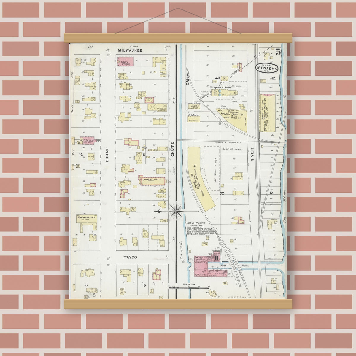 Old map wall art mockup — magnetic wood frame on brick wall — Sanborn Fire Insurance Map from Menasha, Winnebago County, Wisconsin (1891), Sheet #0005