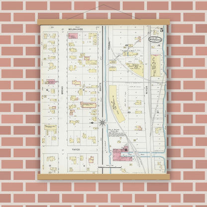 Old map wall art mockup — magnetic wood frame on brick wall — Sanborn Fire Insurance Map from Menasha, Winnebago County, Wisconsin (1891), Sheet #0005