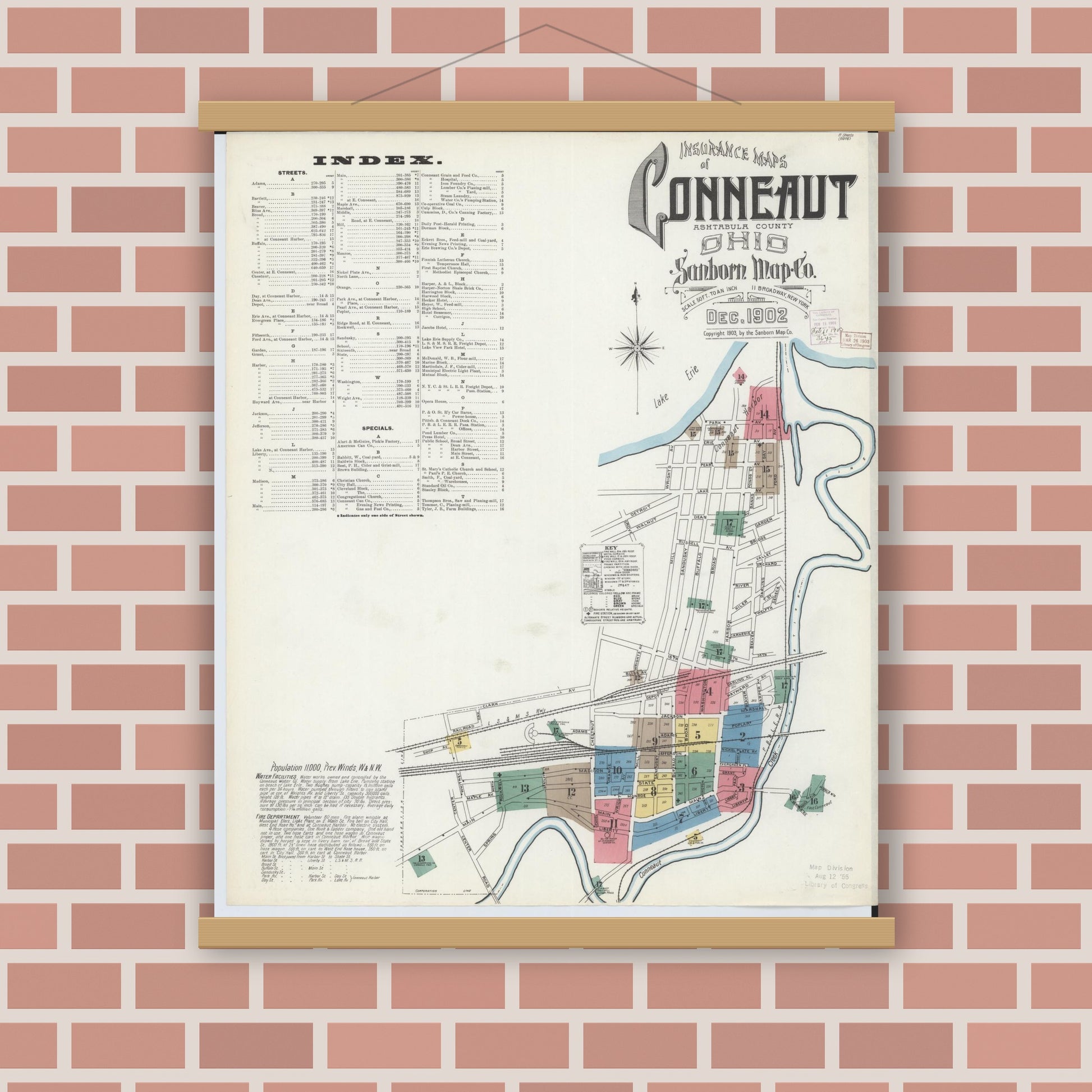 Old map wall art mockup — magnetic wood frame on brick wall — Sanborn Fire Insurance Map from Conneaut, Ashtabula County, Ohio (1902), Sheet #0001