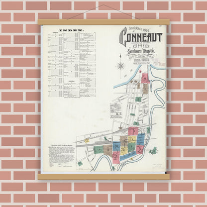 Old map wall art mockup — magnetic wood frame on brick wall — Sanborn Fire Insurance Map from Conneaut, Ashtabula County, Ohio (1902), Sheet #0001