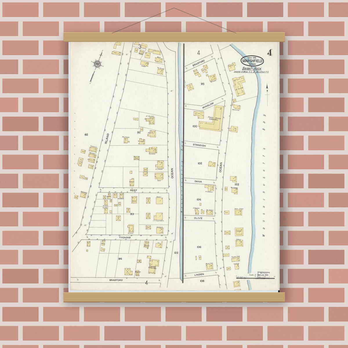 Old map wall art mockup — magnetic wood frame on brick wall — Sanborn Fire Insurance Map from Marshfield, Plymouth County, Massachusetts (1916), Sheet #0004