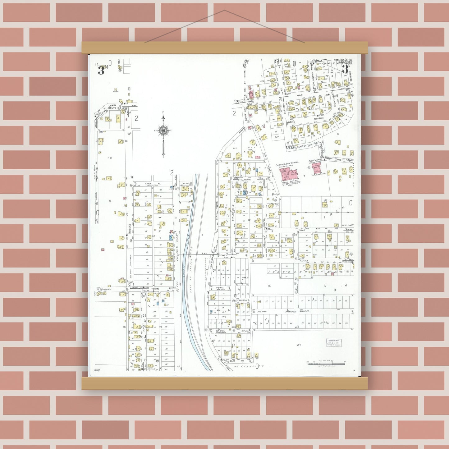 Old map wall art mockup — magnetic wood frame on brick wall — Sanborn Fire Insurance Map from Corning, Perry County, Ohio (1950), Sheet #0003