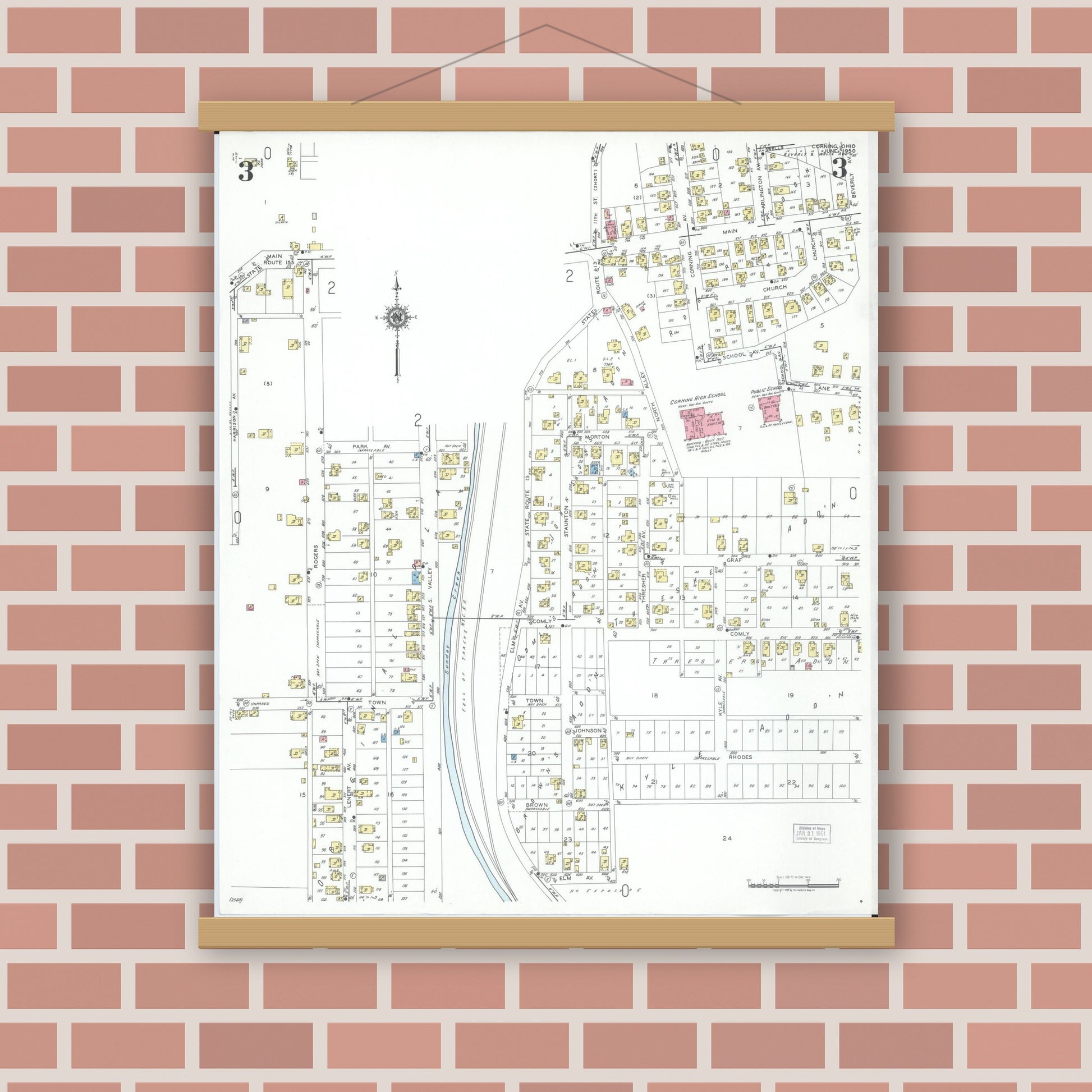 Old map wall art mockup — magnetic wood frame on brick wall — Sanborn Fire Insurance Map from Corning, Perry County, Ohio (1950), Sheet #0003