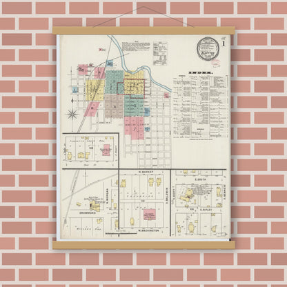 Old map wall art mockup — magnetic wood frame on brick wall — Sanborn Fire Insurance Map from Bluffton, Wells County, Indiana (1895), Sheet #0001