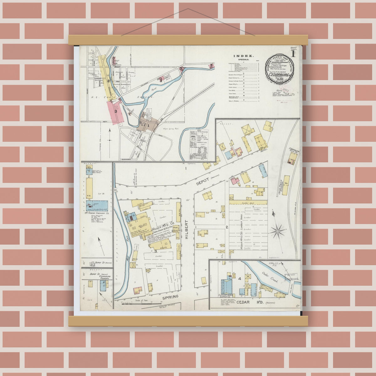 Old map wall art mockup — magnetic wood frame on brick wall — Sanborn Fire Insurance Map from Cedarburg, Ozaukee County, Wisconsin (1893) - Complete Map Set