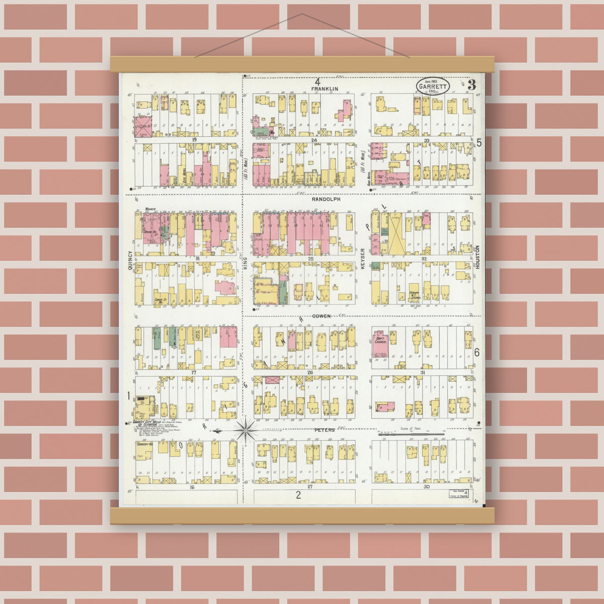 Old map wall art mockup — magnetic wood frame on brick wall — Sanborn Fire Insurance Map from Garrett, De Kalb County, Indiana (1901), Sheet #0003