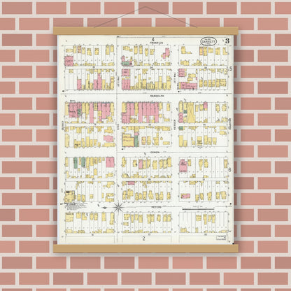 Old map wall art mockup — magnetic wood frame on brick wall — Sanborn Fire Insurance Map from Garrett, De Kalb County, Indiana (1901), Sheet #0003