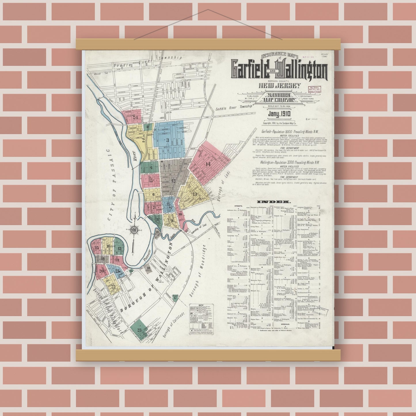Old map wall art mockup — magnetic wood frame on brick wall — Sanborn Fire Insurance Map from Garfield, Bergen County, New Jersey (1910) - Complete Map Set