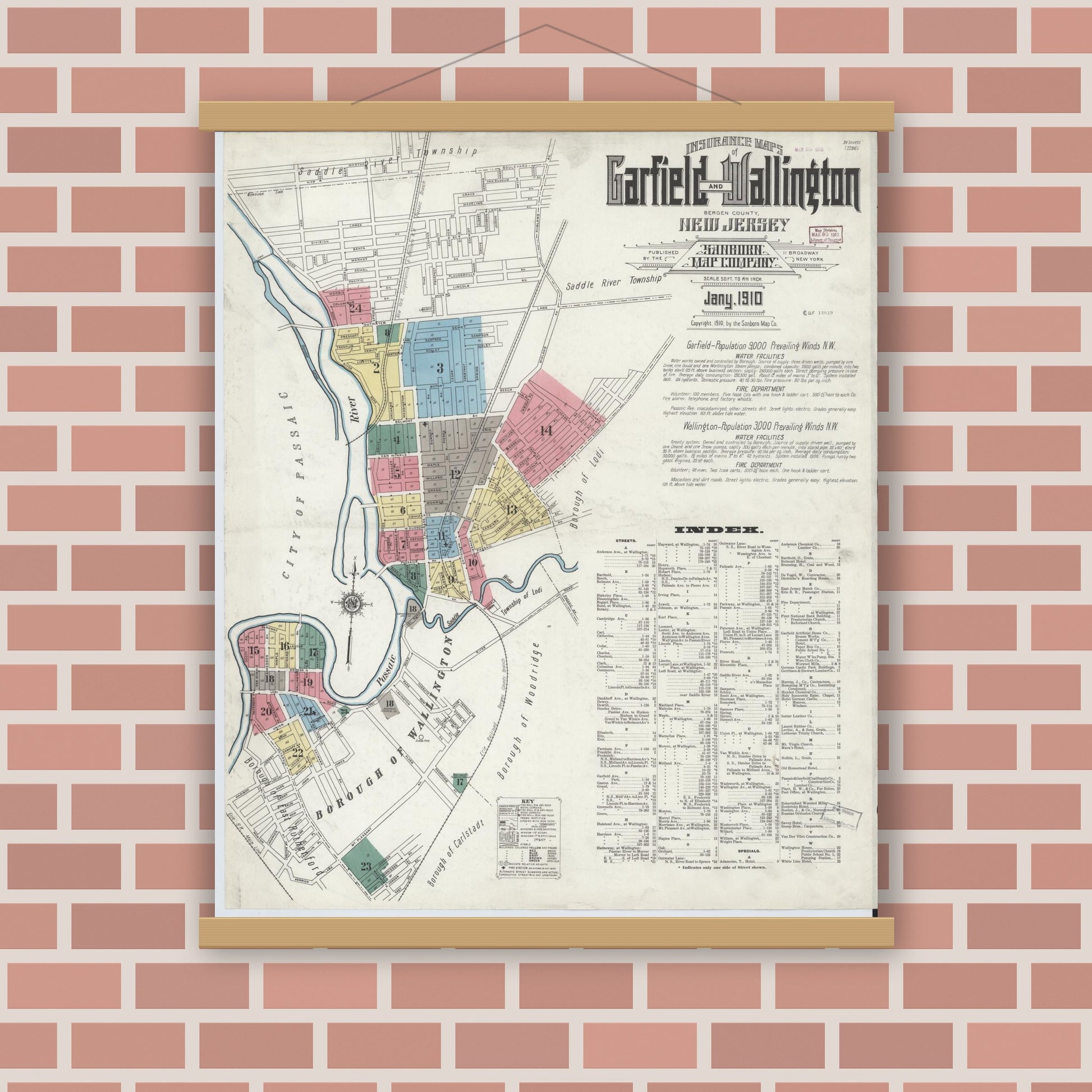 Old map wall art mockup — magnetic wood frame on brick wall — Sanborn Fire Insurance Map from Garfield, Bergen County, New Jersey (1910) - Complete Map Set