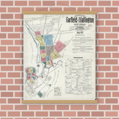 Old map wall art mockup — magnetic wood frame on brick wall — Sanborn Fire Insurance Map from Garfield, Bergen County, New Jersey (1910) - Complete Map Set