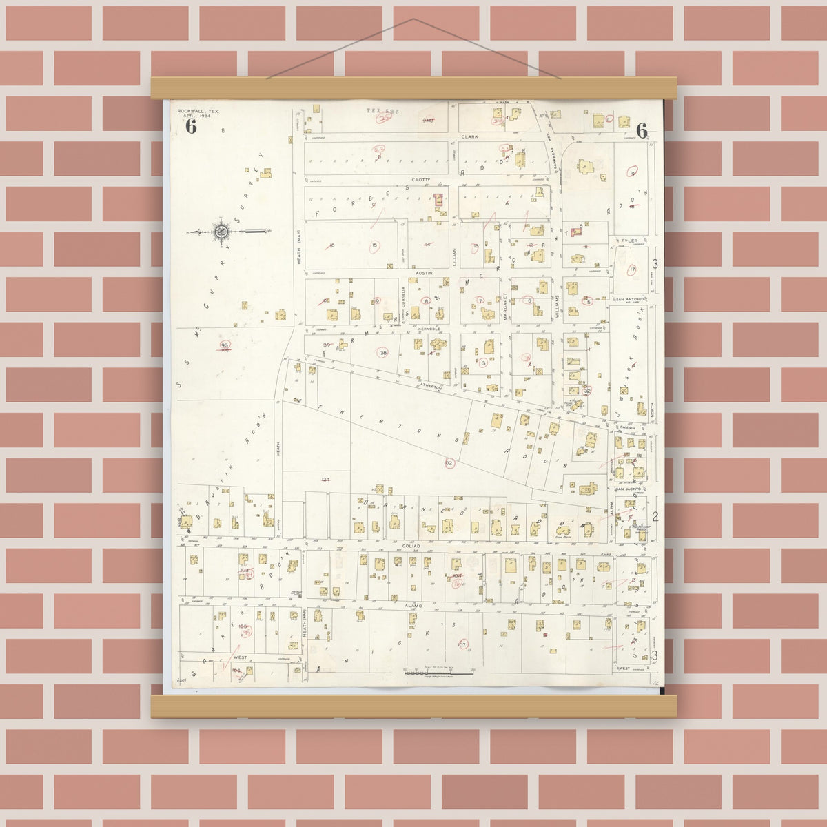 Old map wall art mockup — magnetic wood frame on brick wall — Sanborn Fire Insurance Map from Rockwall, Rockwall County, Texas (1945), Sheet #0006