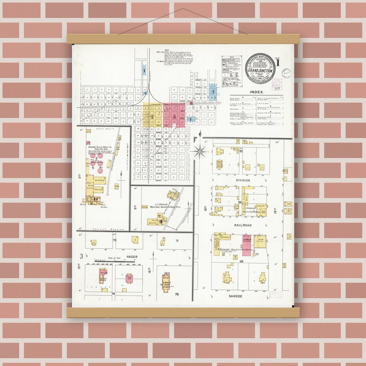 Old map wall art mockup — magnetic wood frame on brick wall — Sanborn Fire Insurance Map from Grand Junction, Greene County, Iowa (1901) â€” Complete Set