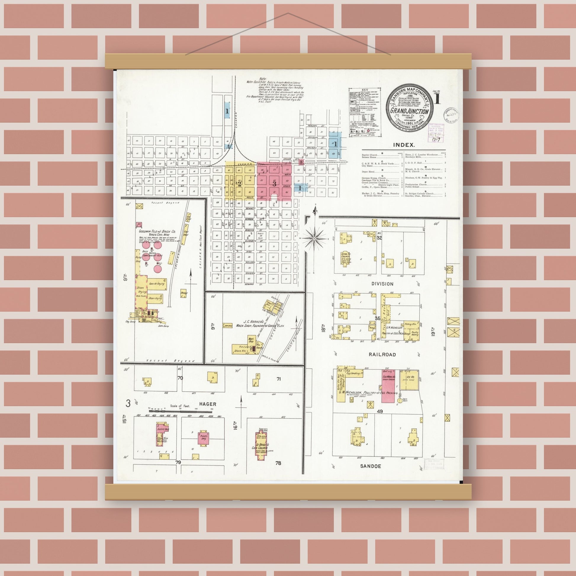 Old map wall art mockup — magnetic wood frame on brick wall — Sanborn Fire Insurance Map from Grand Junction, Greene County, Iowa (1901) â€” Complete Set