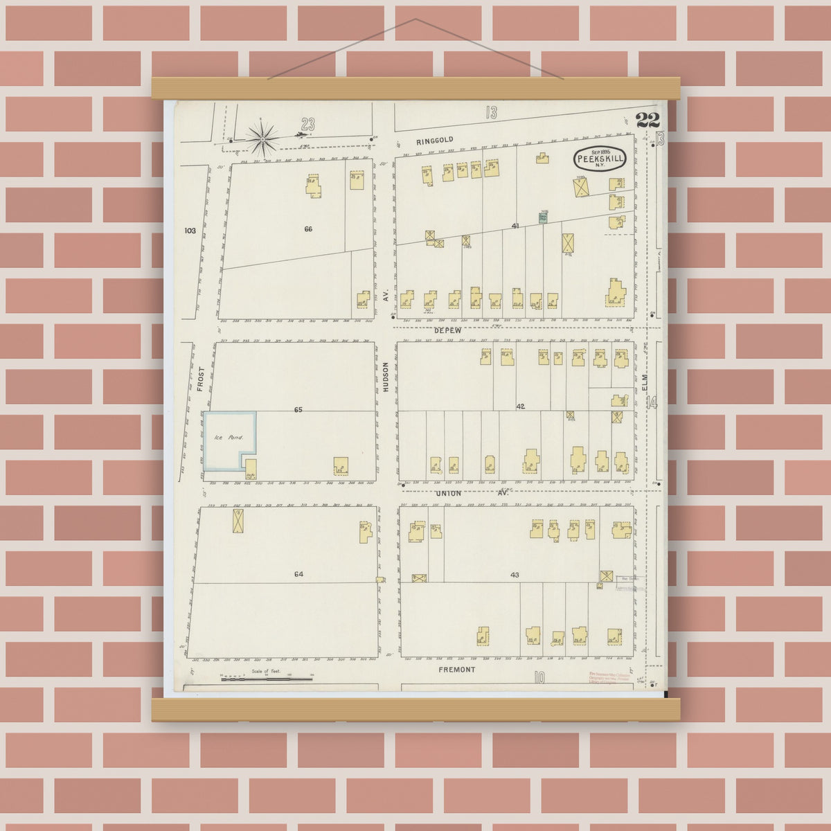 Old map wall art mockup — magnetic wood frame on brick wall — Sanborn Fire Insurance Map from Peekskill, Westchester County, New York (1895), Sheet #0022