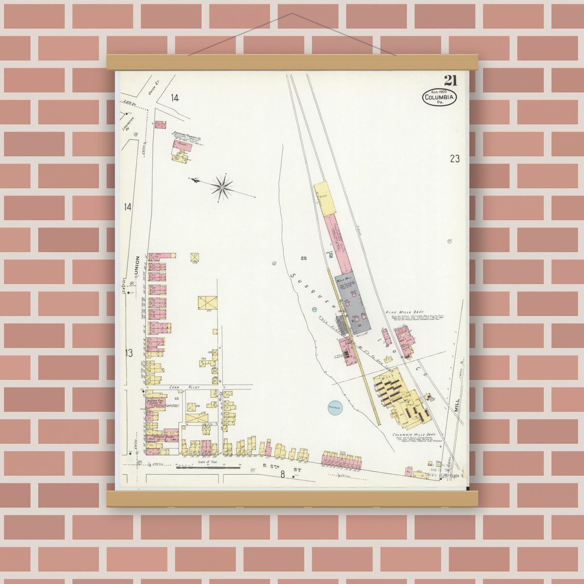 Old map wall art mockup — magnetic wood frame on brick wall — Sanborn Fire Insurance Map from Columbia, Lancaster County, Pennsylvania (1909), Sheet #0021