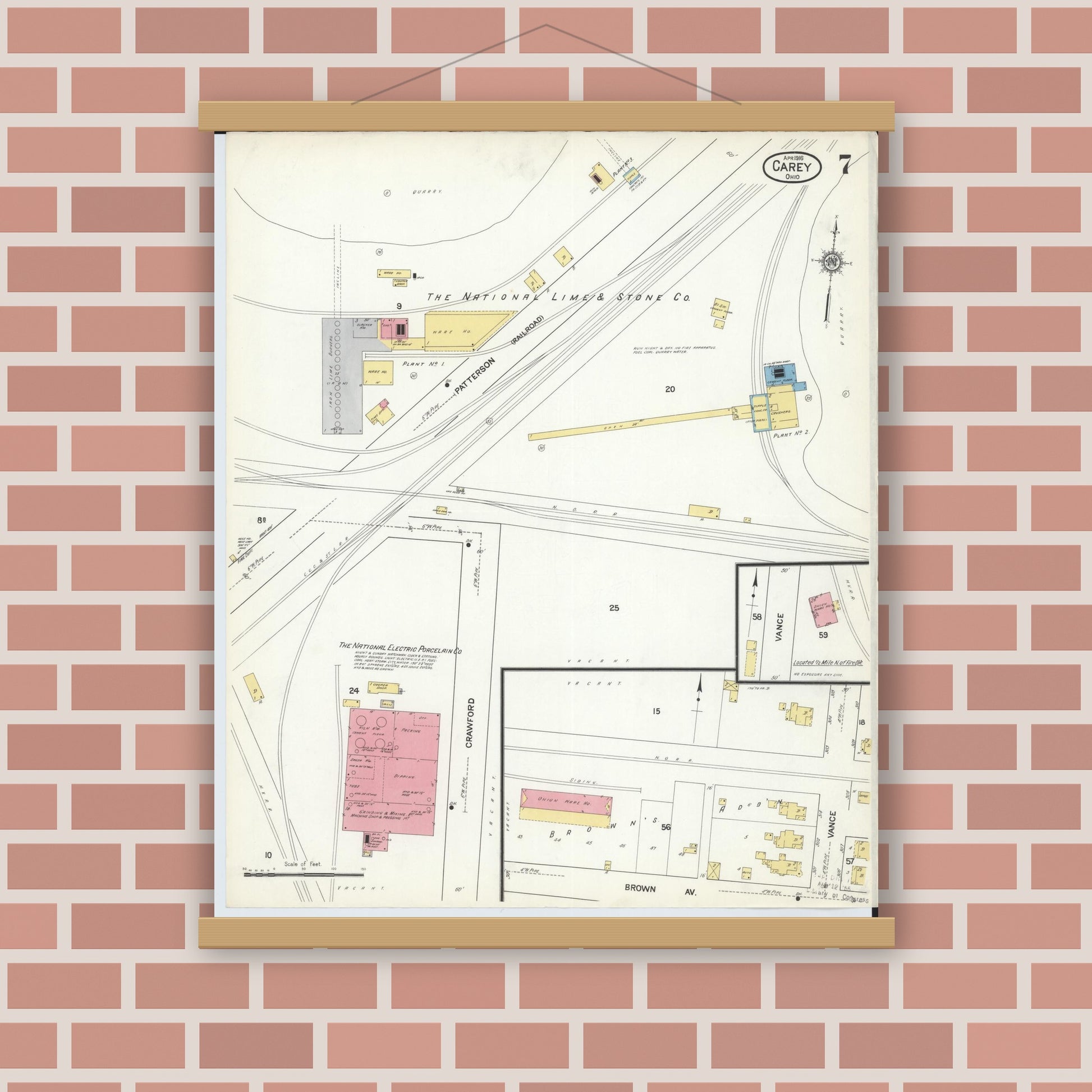 Old map wall art mockup — magnetic wood frame on brick wall — Sanborn Fire Insurance Map from Carey, Wyandot County, Ohio (1916), Sheet #0007