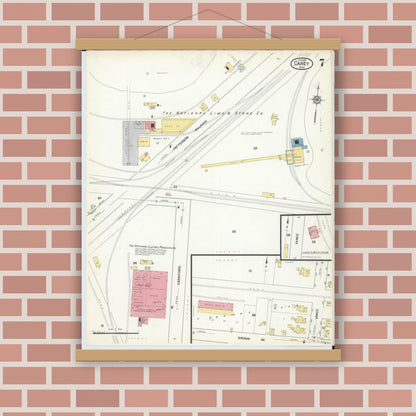 Old map wall art mockup — magnetic wood frame on brick wall — Sanborn Fire Insurance Map from Carey, Wyandot County, Ohio (1916), Sheet #0007