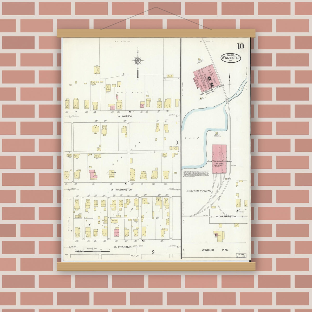Old map wall art mockup — magnetic wood frame on brick wall — Sanborn Fire Insurance Map from Winchester, Randolph County, Indiana (1914), Sheet #0010