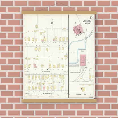 Old map wall art mockup — magnetic wood frame on brick wall — Sanborn Fire Insurance Map from Winchester, Randolph County, Indiana (1914), Sheet #0010