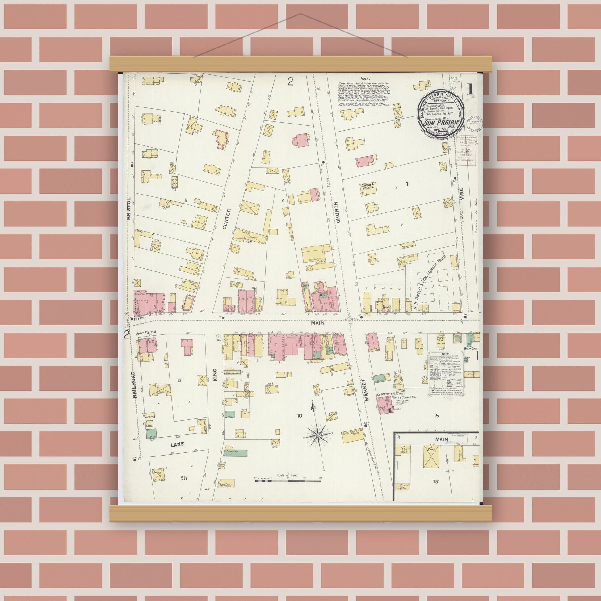 Old map wall art mockup — magnetic wood frame on brick wall — Sanborn Fire Insurance Map from Sun Prairie, Dane County, Wisconsin (1899) - Complete Map Set