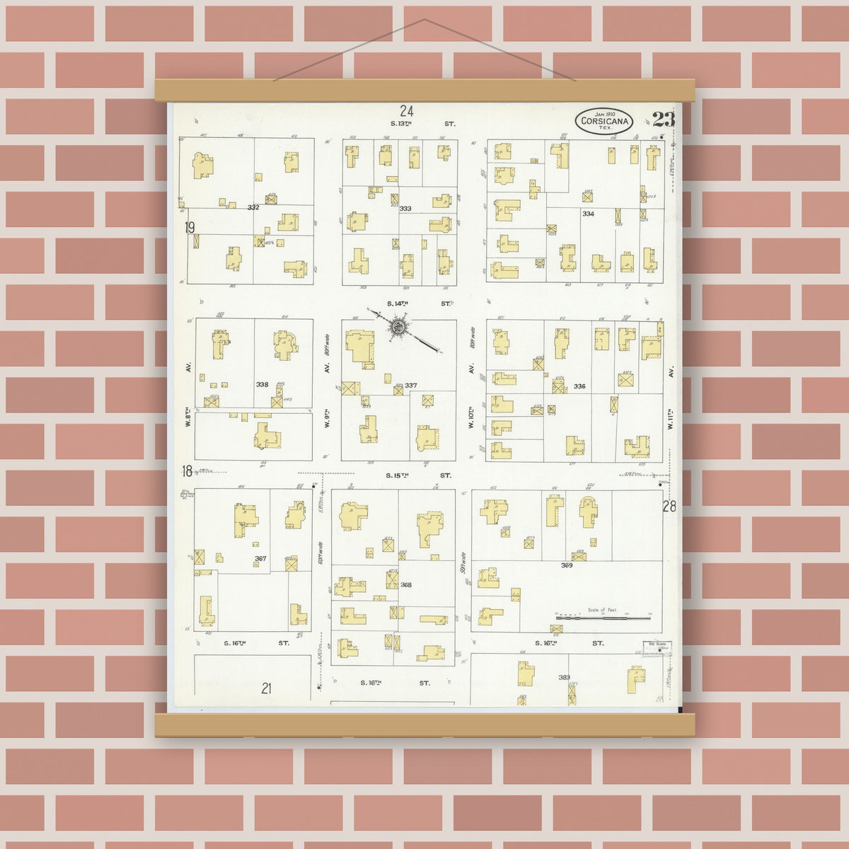 Old map wall art mockup — magnetic wood frame on brick wall — Sanborn Fire Insurance Map from Corsicana, Navarro County, Texas (1910), Sheet #0023