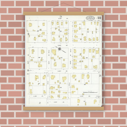 Old map wall art mockup — magnetic wood frame on brick wall — Sanborn Fire Insurance Map from Corsicana, Navarro County, Texas (1910), Sheet #0023